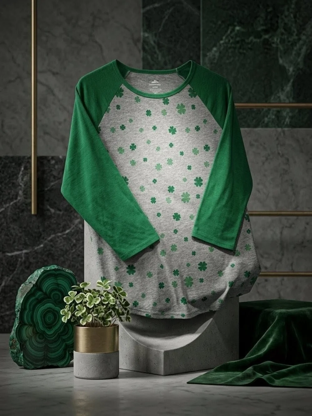 Celebrate It Heather Gray Raglan Tee with Green Clover Print